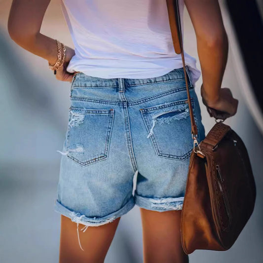 Street Style Ripped Straight Leg Wide Leg Denim Shorts for Women