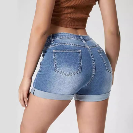 Elastic High-Waist Distressed Cuffed Denim Shorts for Women