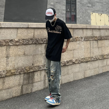 Summer loose straight tube washed ripped beggar pants