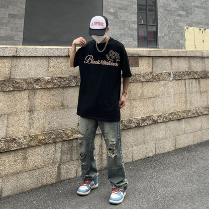 Summer loose straight tube washed ripped beggar pants