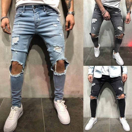 European and American style ripped slim men's jeans