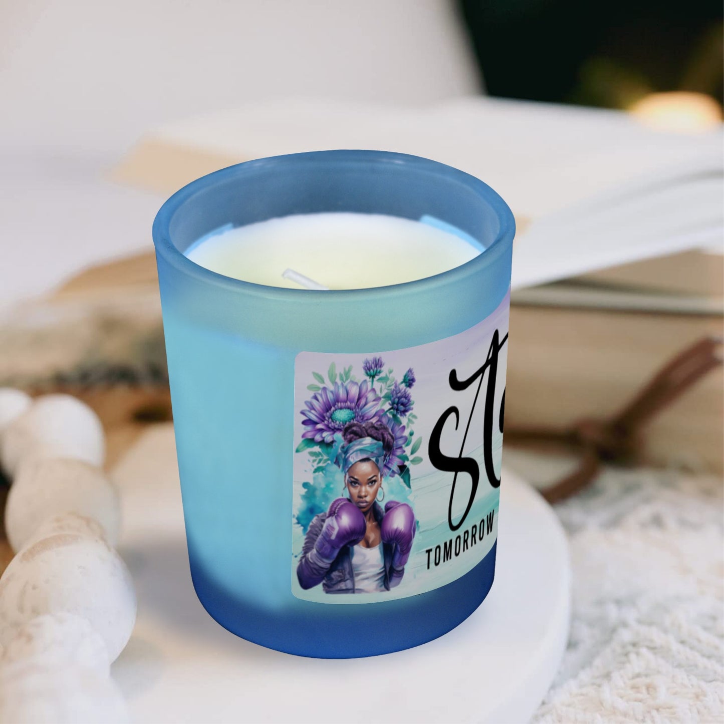 Stay Tomorrow Needs You, Suicide Awareness Blue Glass Candle Cup (Wood Sage & Sea Salt)