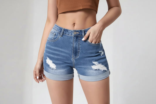 Elastic High-Waist Distressed Cuffed Denim Shorts for Women