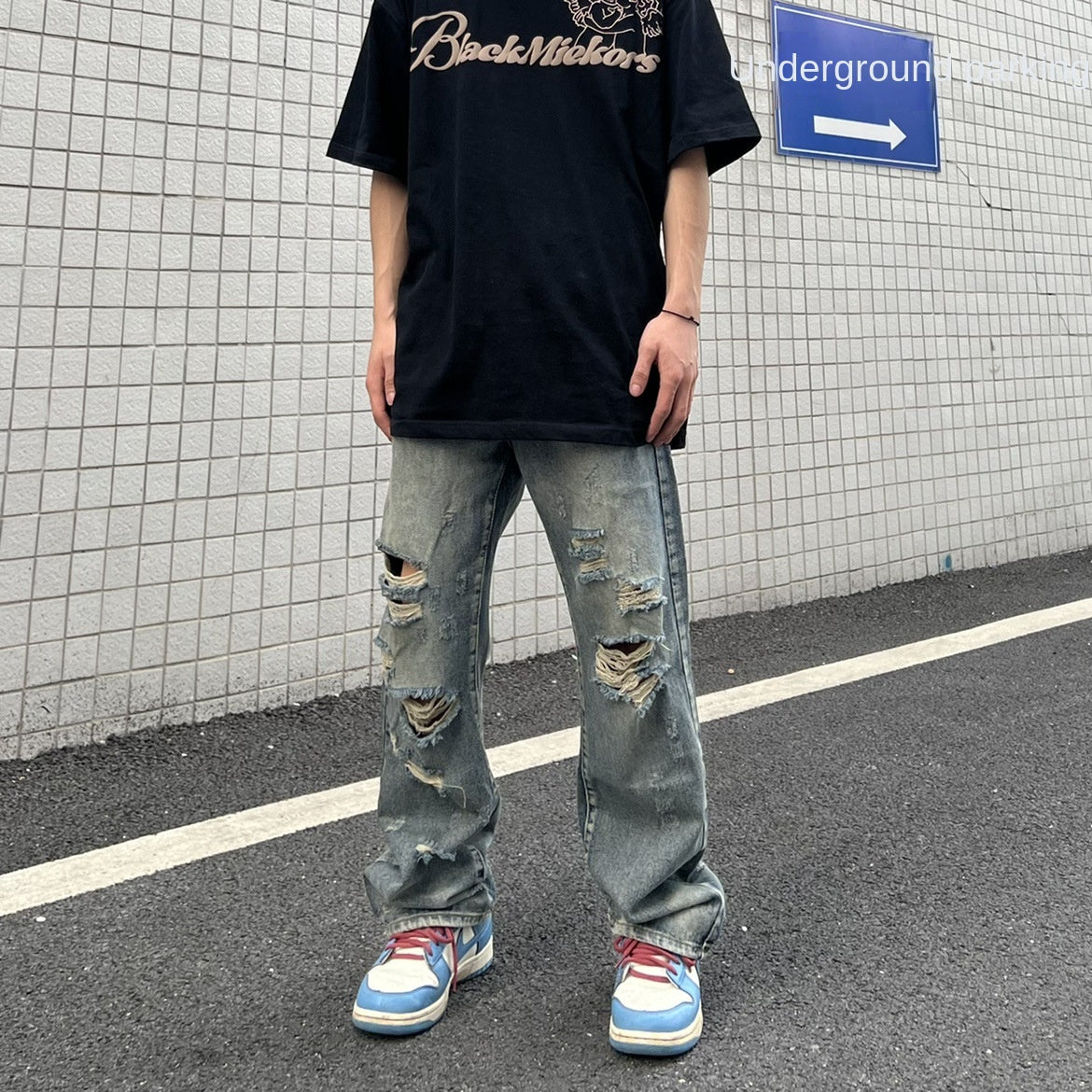 Summer loose straight tube washed ripped beggar pants