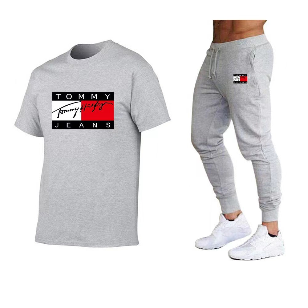 Tommy sports cotton T-shirt short sleeved set, running fitness unisex T-shirt set