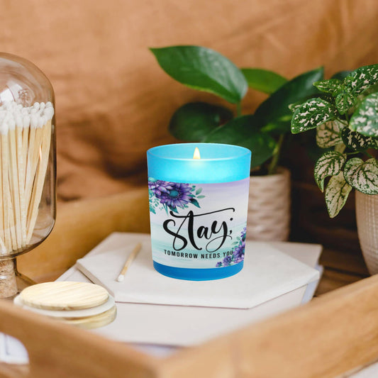 Stay Tomorrow Needs You" Suicide Awareness Blue Glass Candle Cup (Wood Sage & Sea Salt)